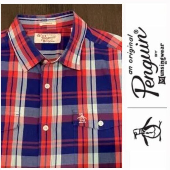 Original Penguin Blue Red Plaid Short Sleeve Classic Fit Button Up Shirt Large - Picture 3 of 11